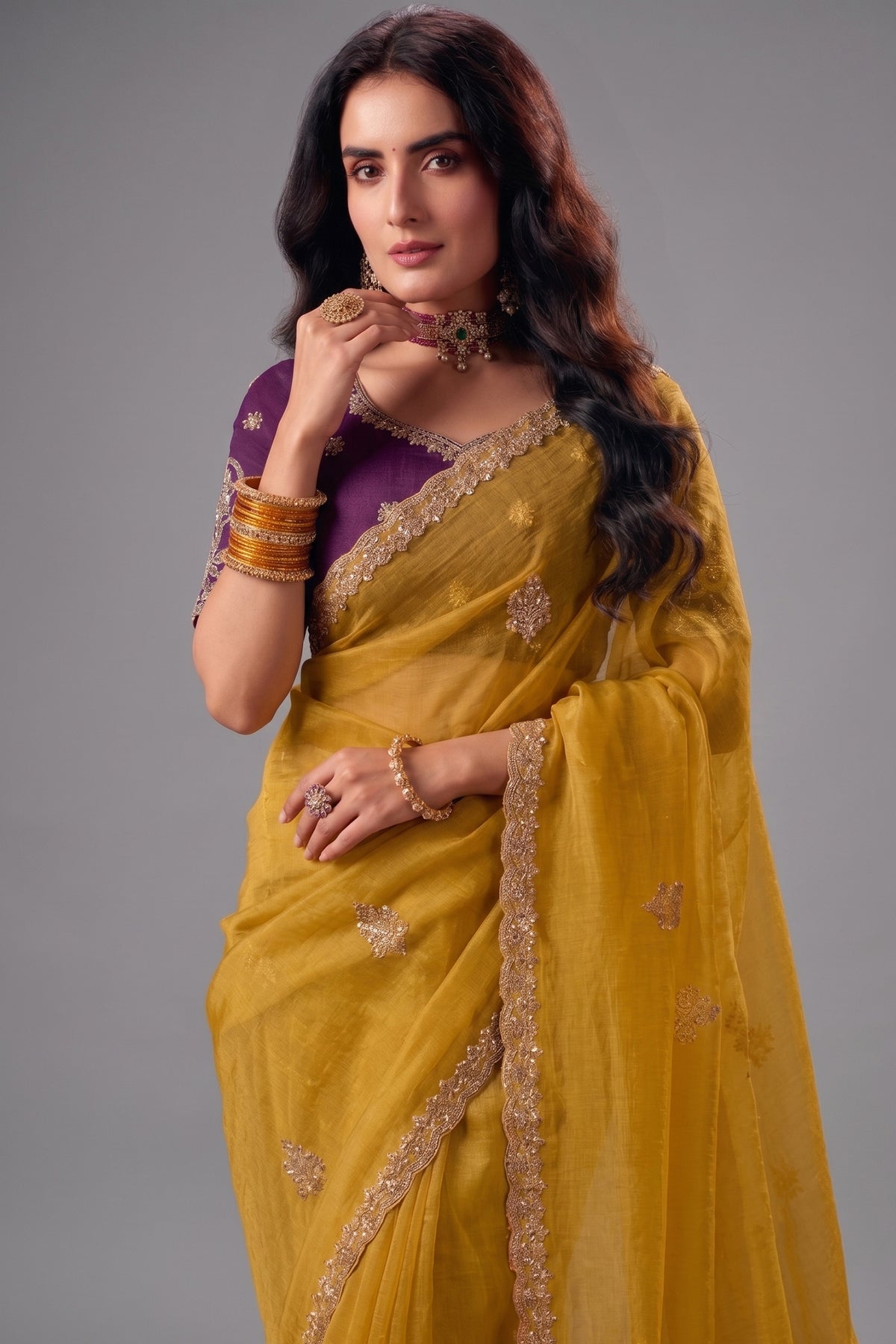 Mustard Yellow Organza Saree with Embroidered Border