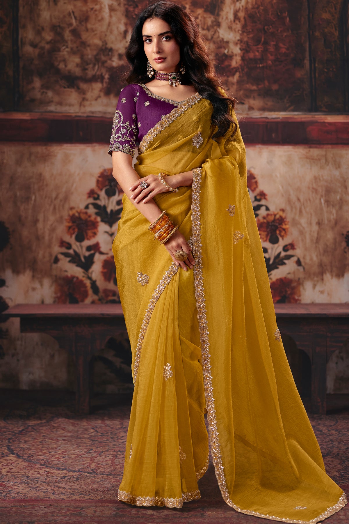 Mustard Yellow Organza Saree with Embroidered Border