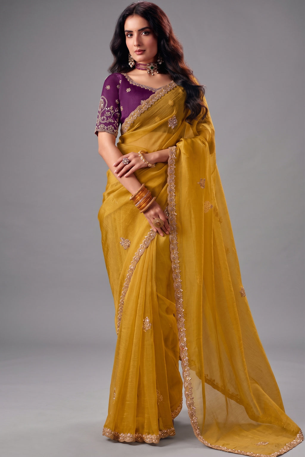 Mustard Yellow Organza Saree with Embroidered Border