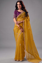 Mustard Yellow Organza Saree with Embroidered Border