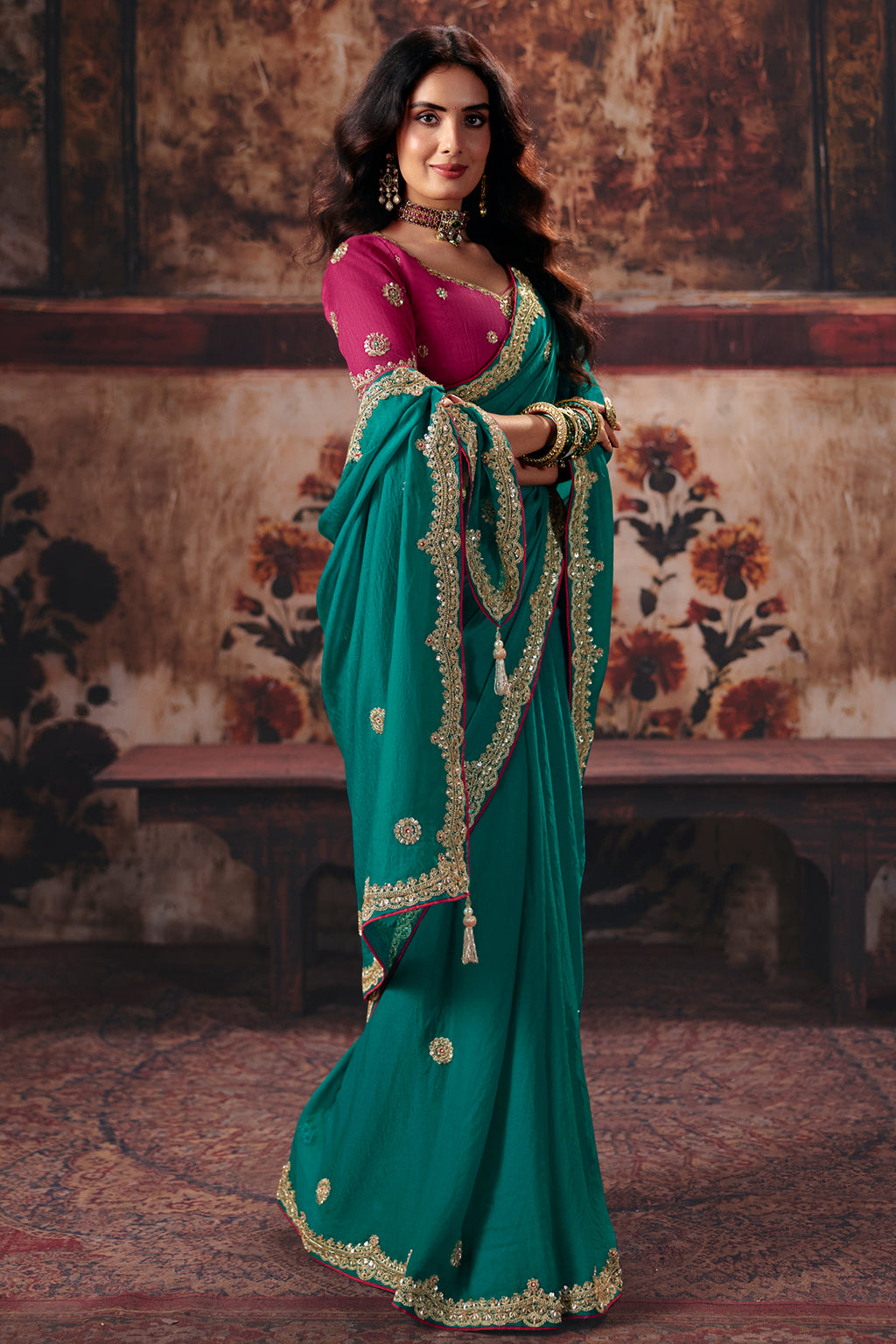 Teal Green Bemberg Saree with Delicate Gold Border