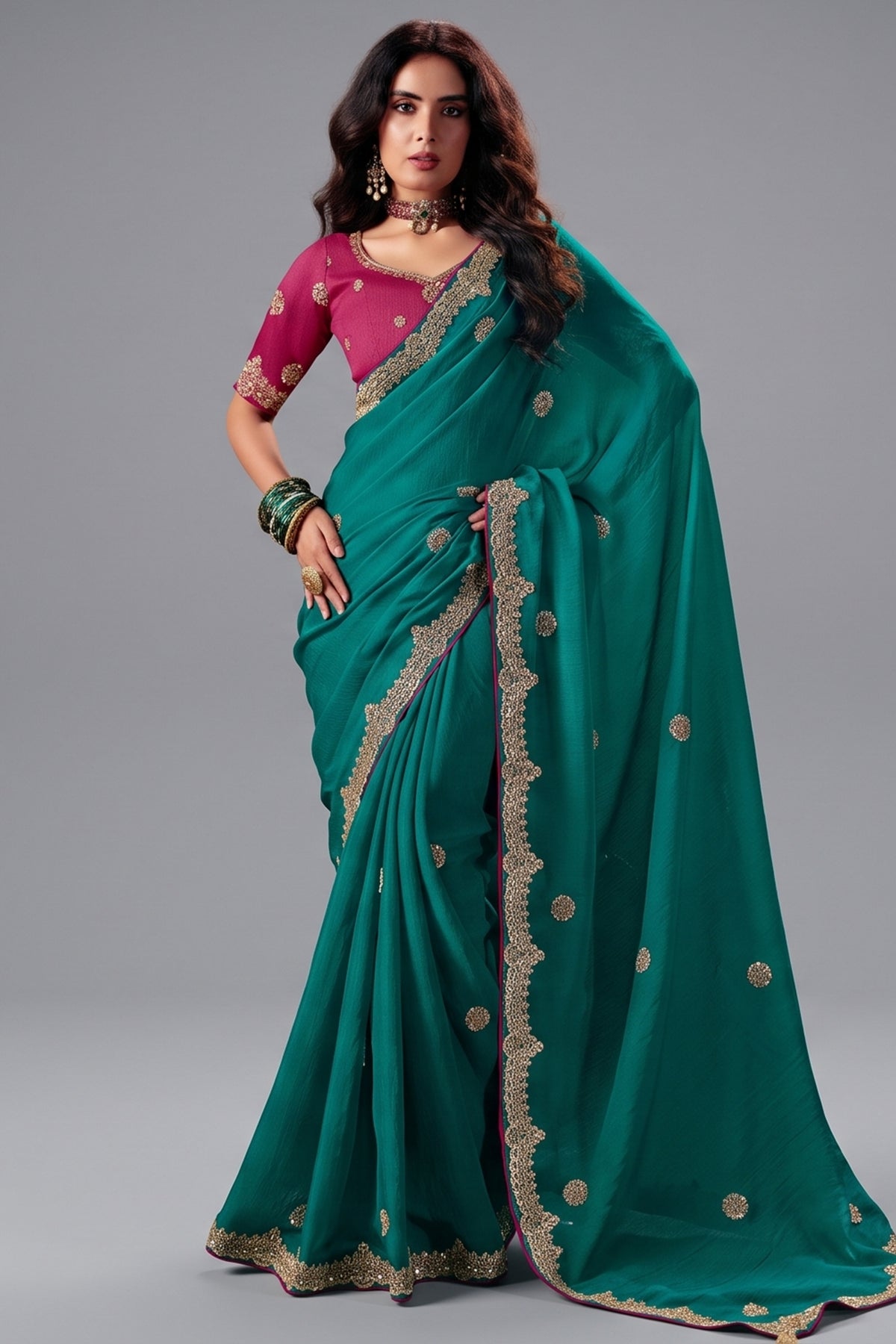Teal Green Bemberg Saree with Delicate Gold Border