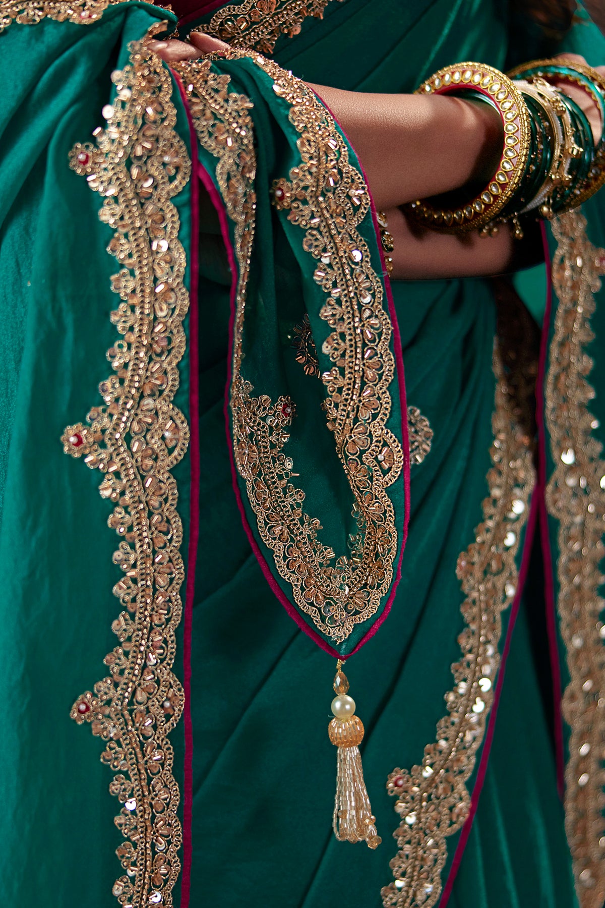 Teal Green Bemberg Saree with Delicate Gold Border
