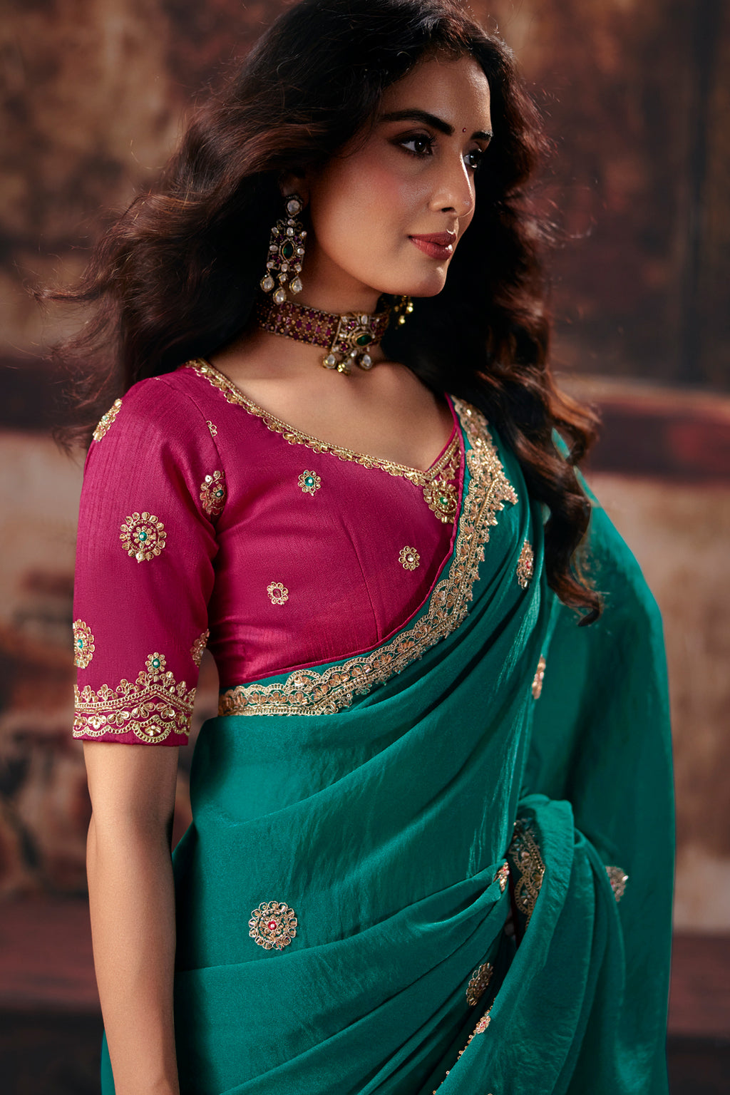 Teal Green Bemberg Saree with Delicate Gold Border
