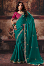 Teal Green Bemberg Saree with Delicate Gold Border