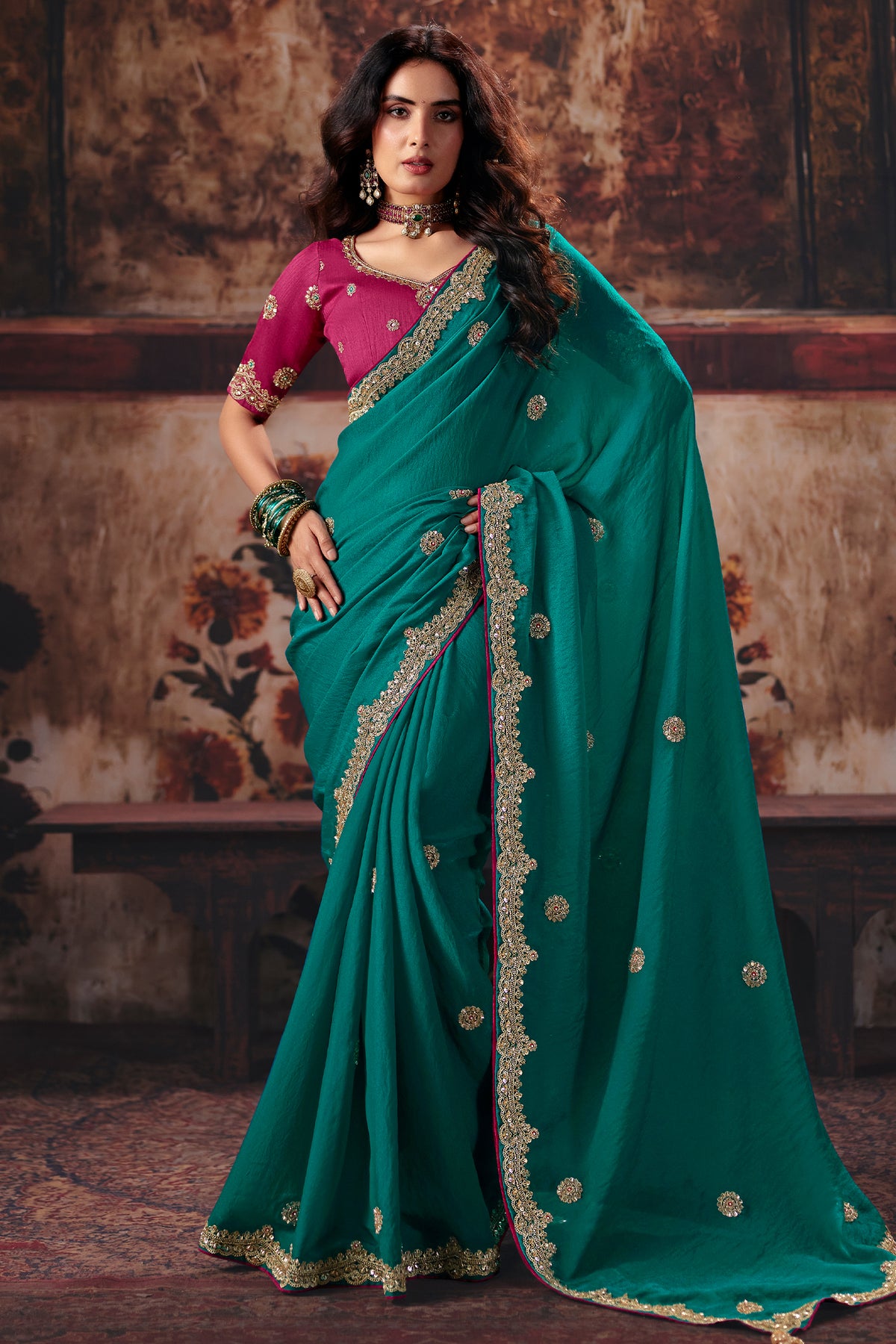 Teal Green Bemberg Saree with Delicate Gold Border
