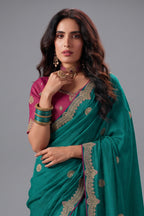 Teal Green Bemberg Saree with Delicate Gold Border