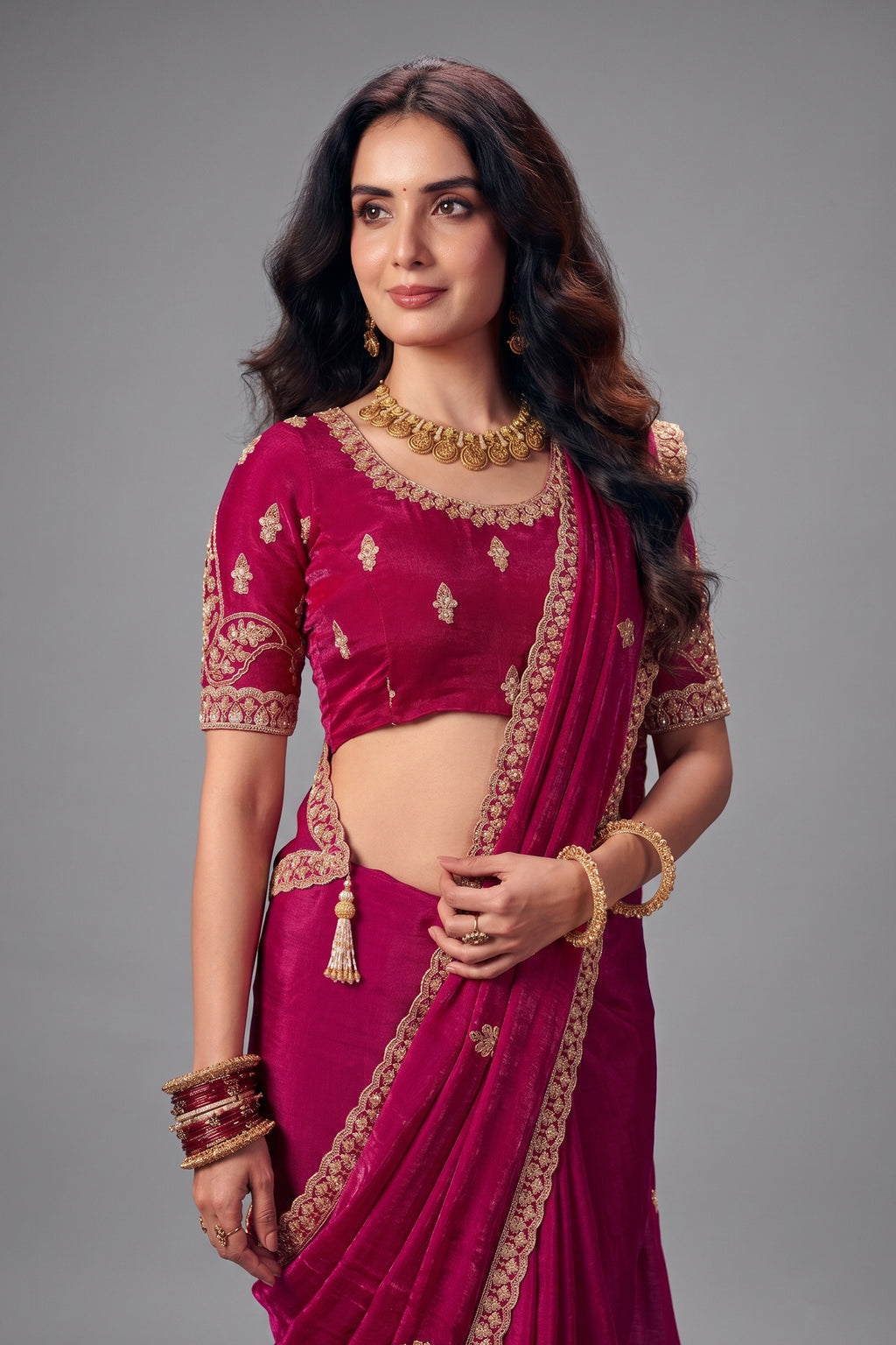 Deep Wine Red Fendy Satin Saree with Embellished Border