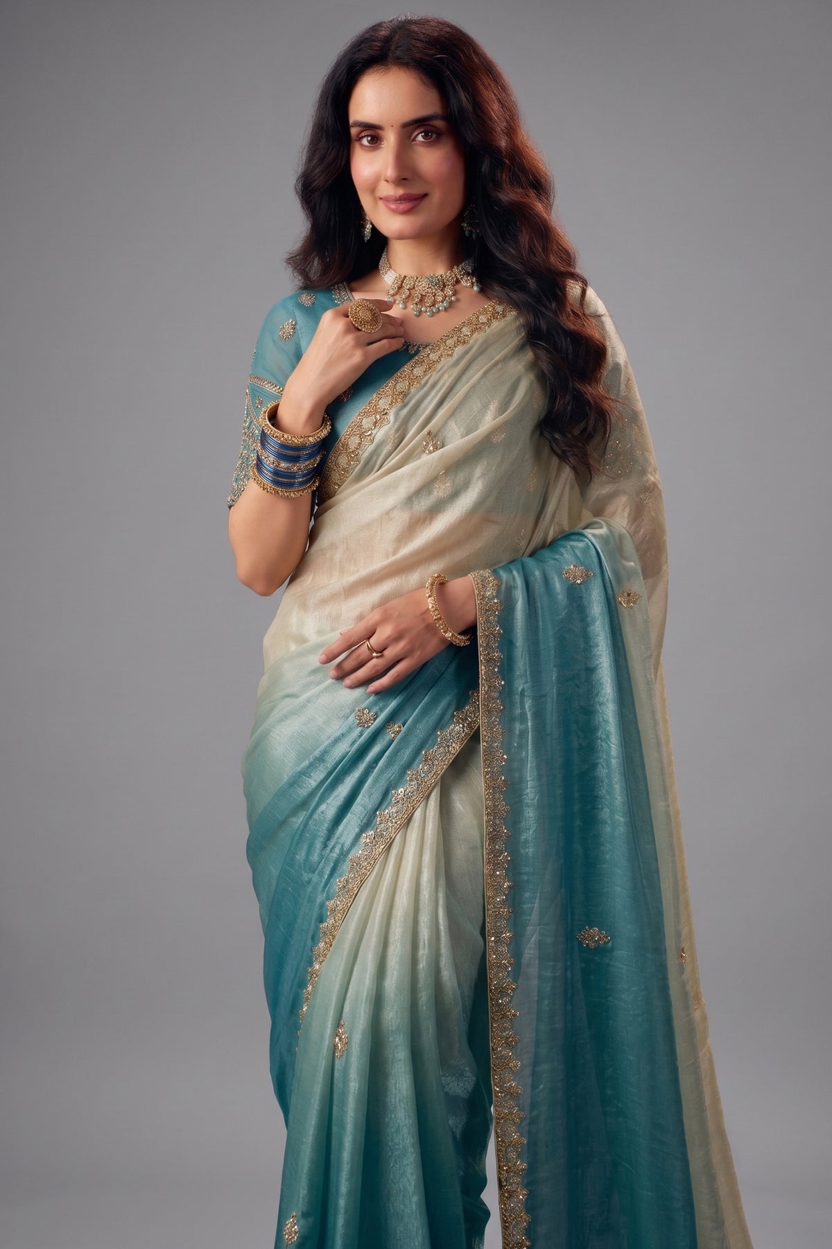 Dual-Tone Turquoise Cyan Fendy Satin Saree with Embellished Border