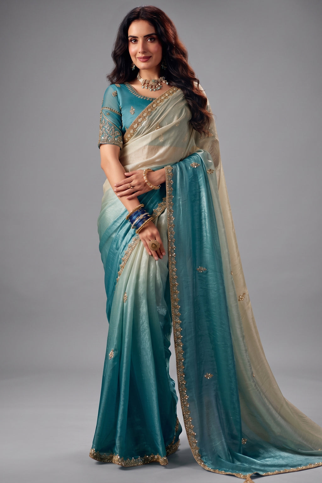 Dual-Tone Turquoise Cyan Fendy Satin Saree with Embellished Border