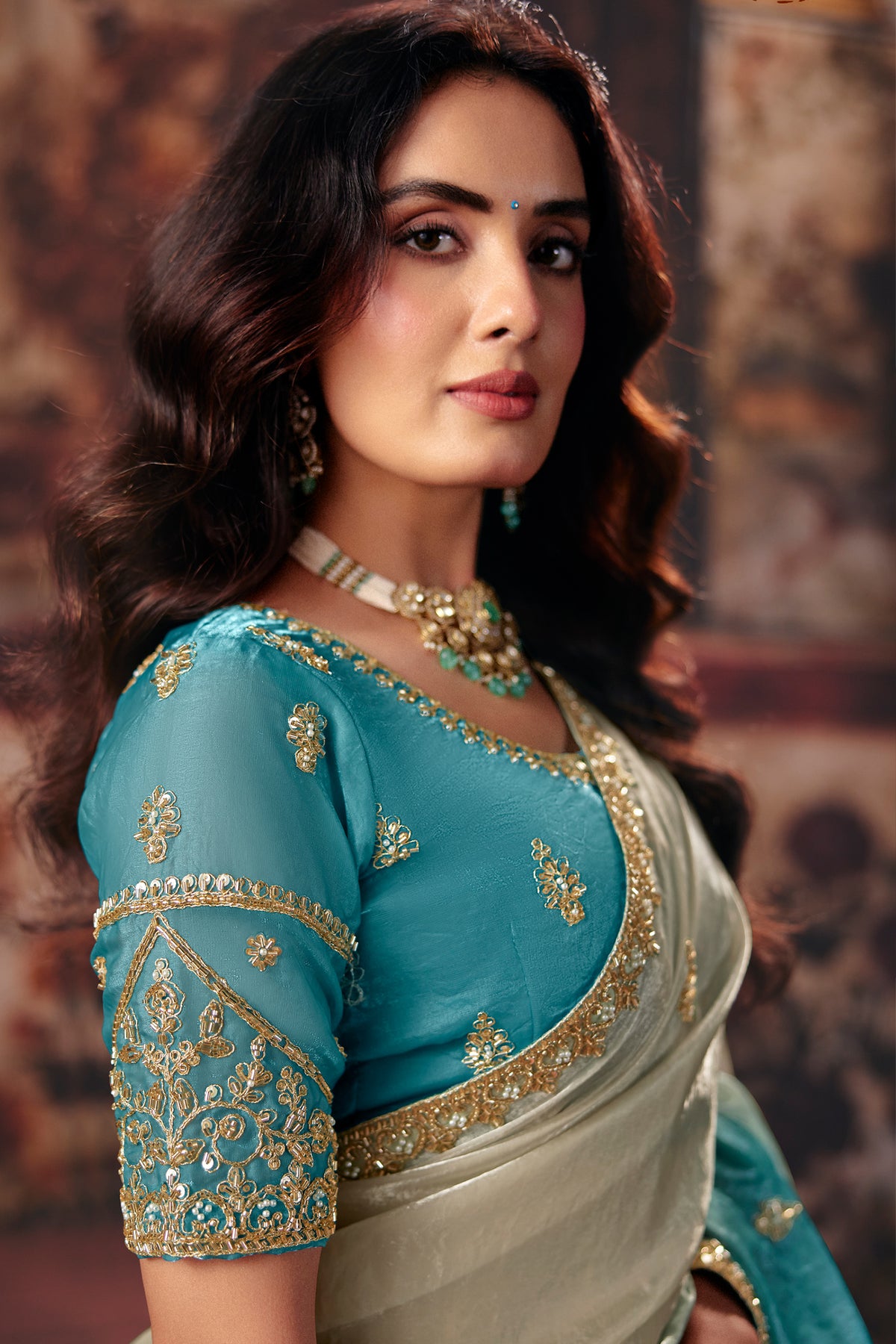 Dual-Tone Turquoise Cyan Fendy Satin Saree with Embellished Border