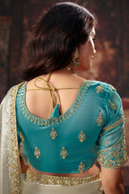 Dual-Tone Turquoise Cyan Fendy Satin Saree with Embellished Border