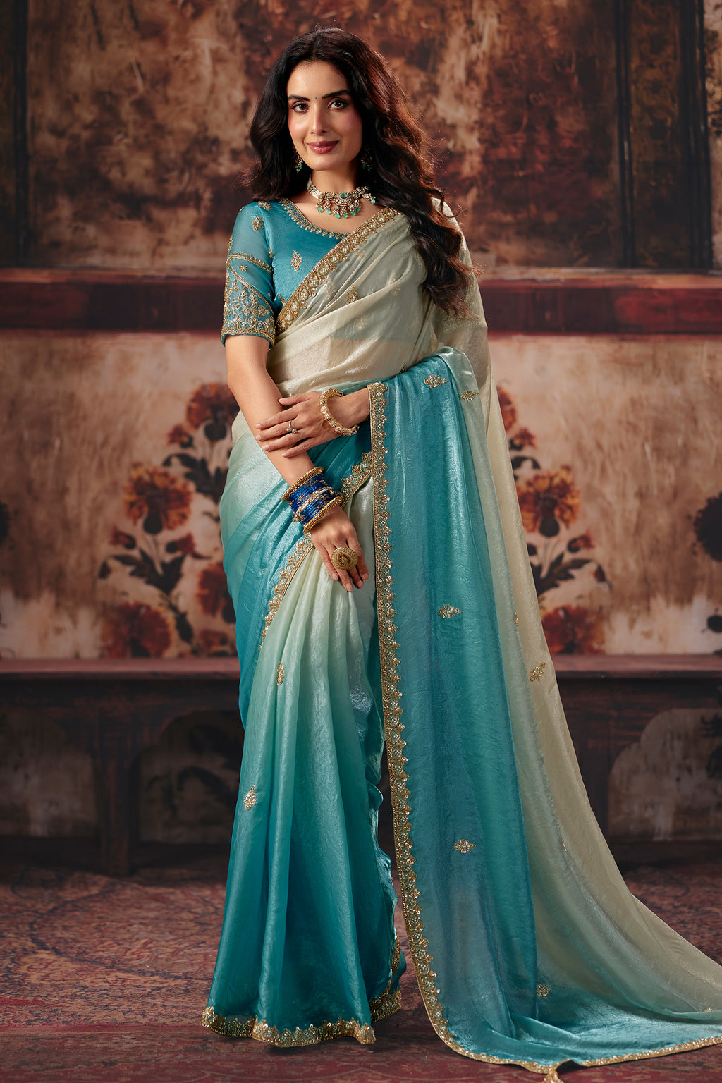 Dual-Tone Turquoise Cyan Fendy Satin Saree with Embellished Border