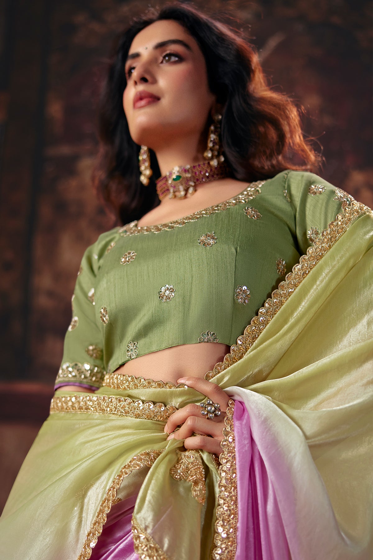Lavender & Pink Ombre Fendy Satin Saree with Contrast Olive Green Silk Blouse