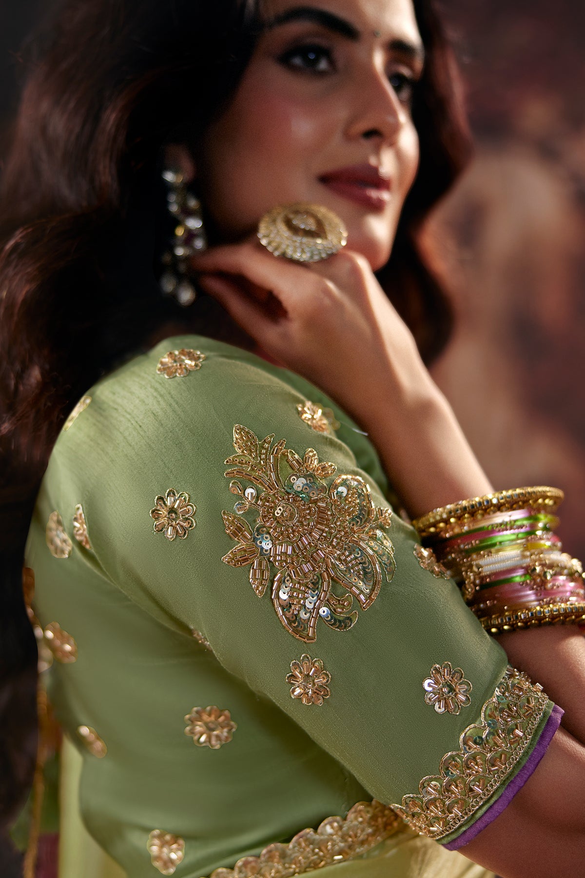 Lavender & Pink Ombre Fendy Satin Saree with Contrast Olive Green Silk Blouse