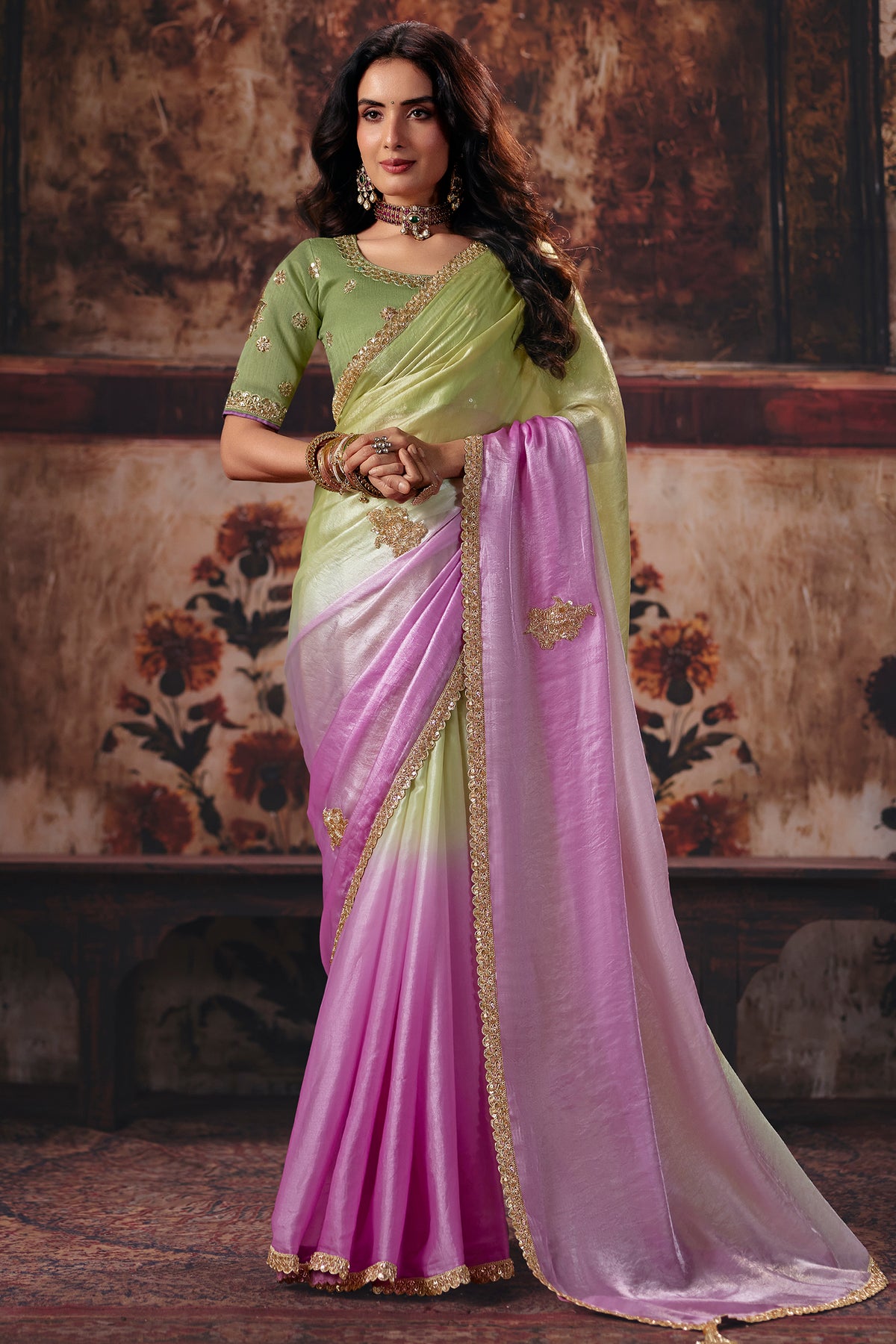 Lavender & Pink Ombre Fendy Satin Saree with Contrast Olive Green Silk Blouse