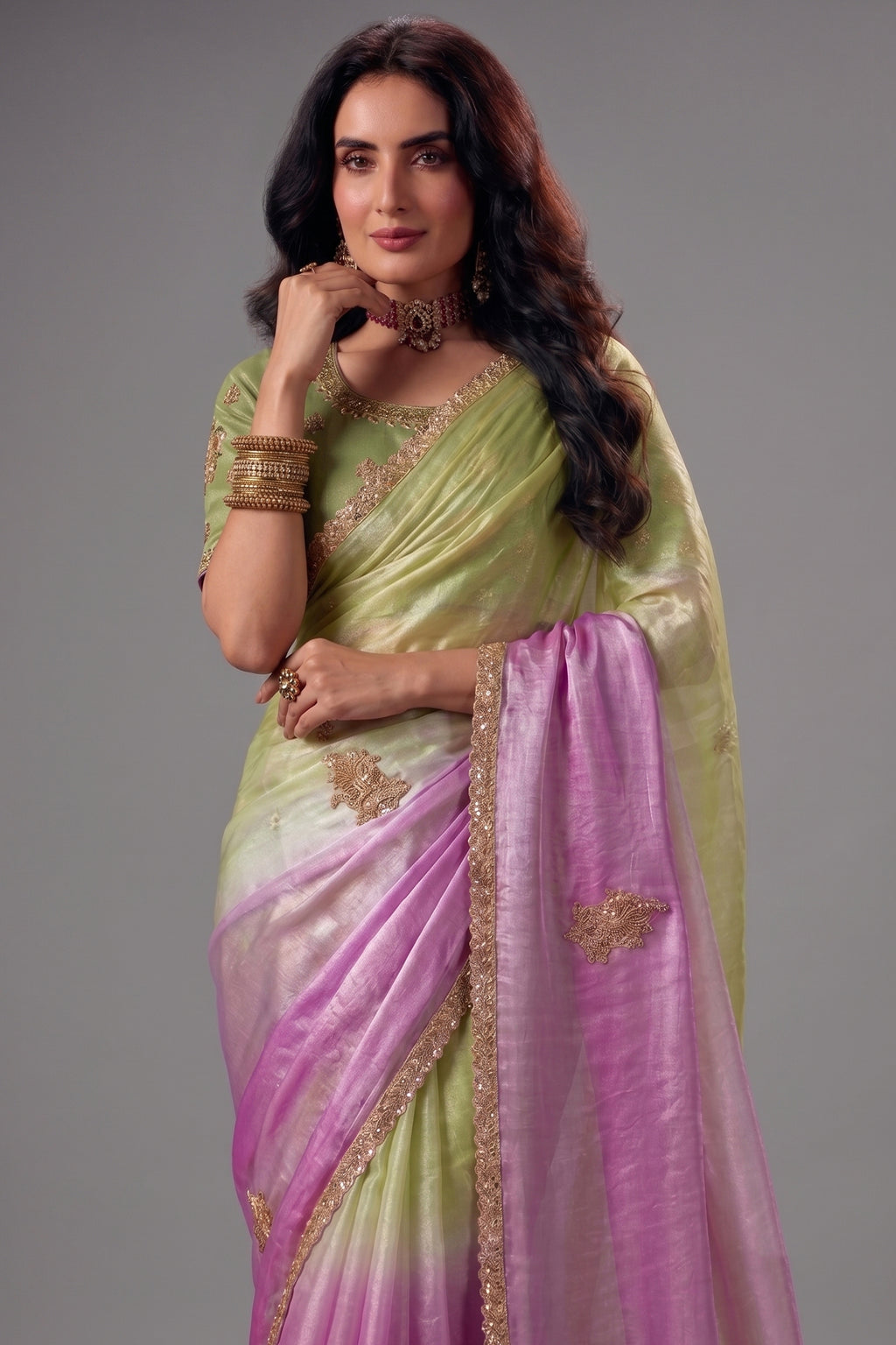 Lavender & Pink Ombre Fendy Satin Saree with Contrast Olive Green Silk Blouse
