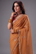 Ochre Orange Organza Saree with Zari Embroidered Border