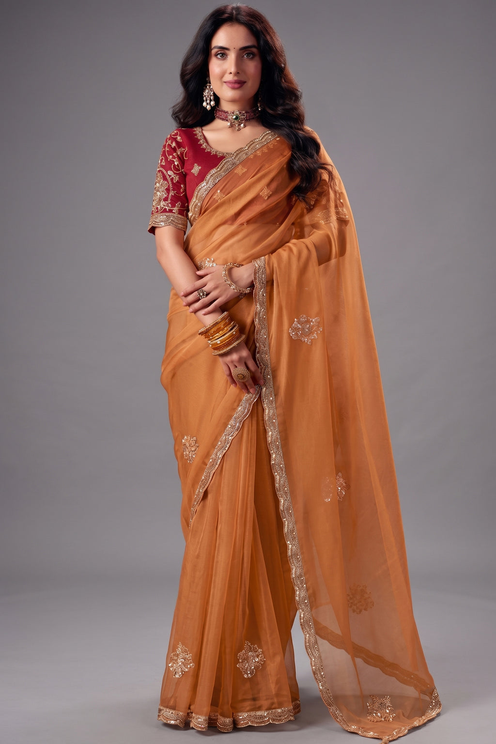 Ochre Orange Organza Saree with Zari Embroidered Border