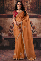 Ochre Orange Organza Saree with Zari Embroidered Border