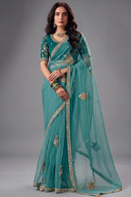 Sea Green Organza Saree with Intricate Border Work