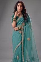 Sea Green Organza Saree with Intricate Border Work