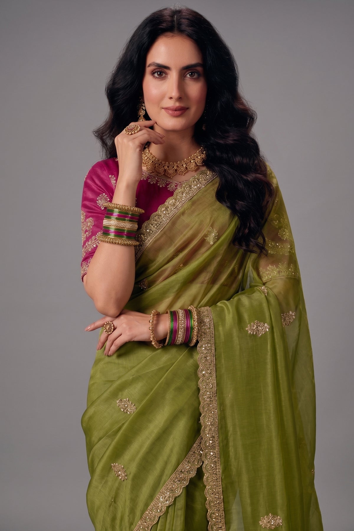 Moss Green Organza Saree with Embroidered Floral Border