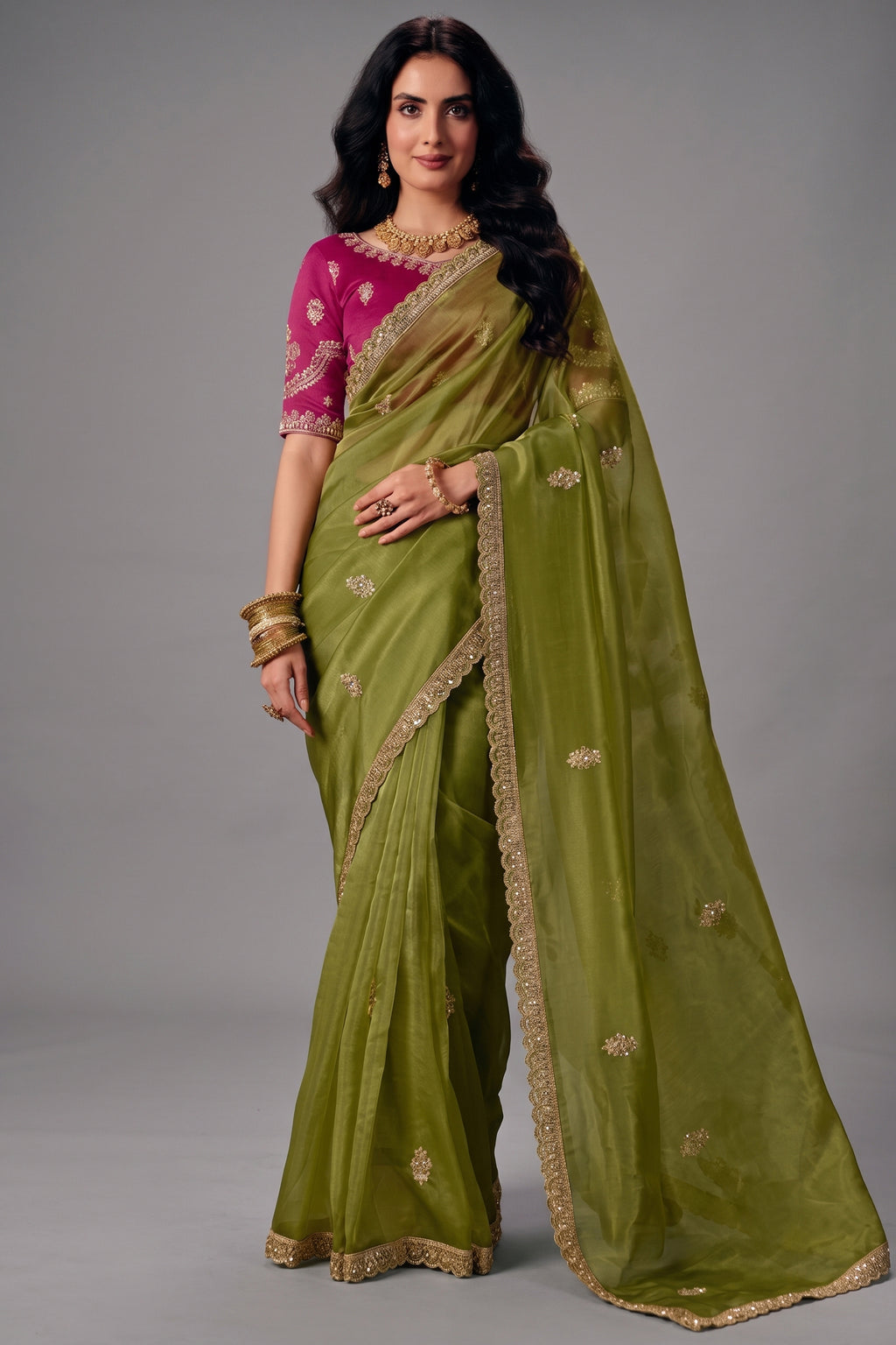Moss Green Organza Saree with Embroidered Floral Border