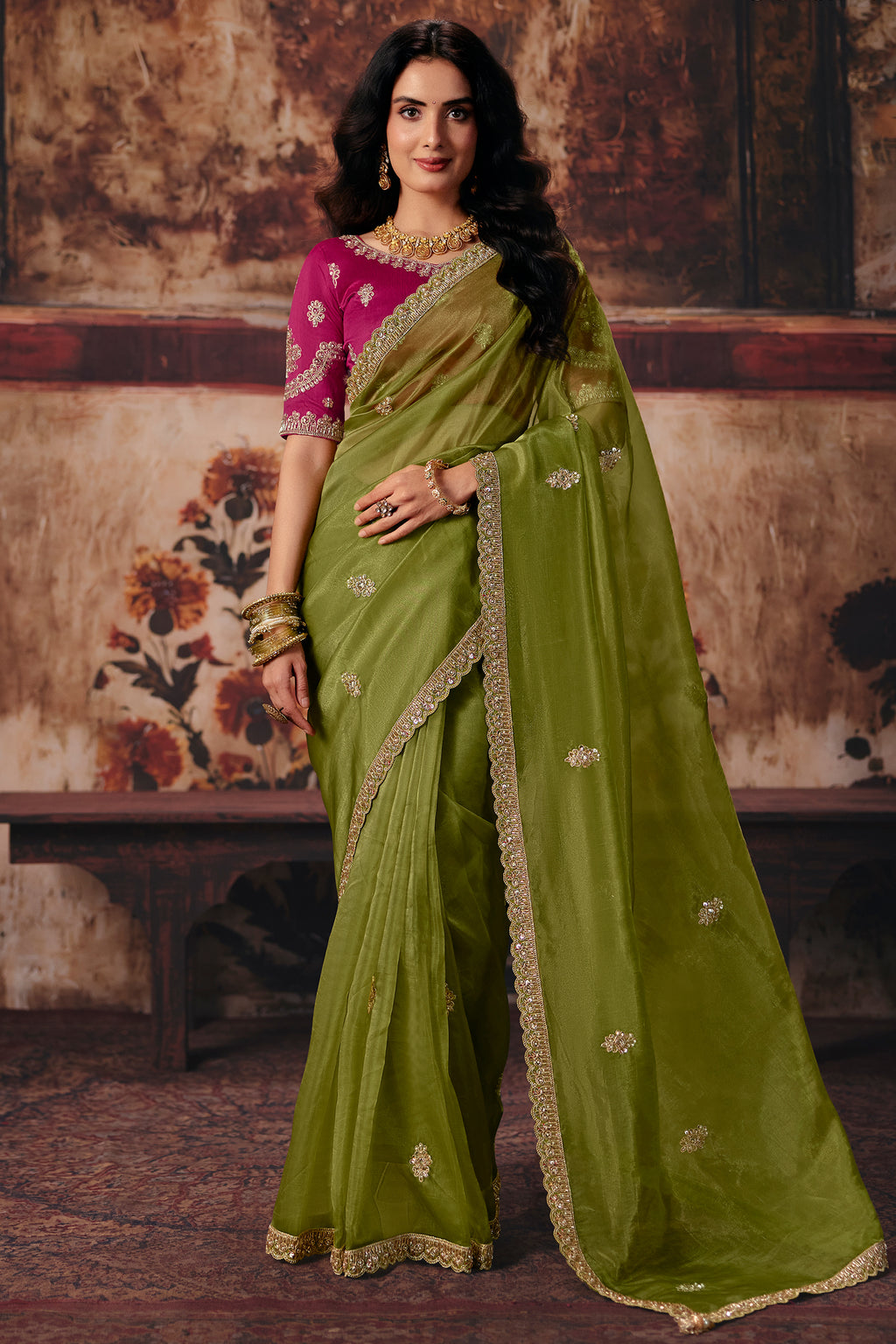 Moss Green Organza Saree with Embroidered Floral Border