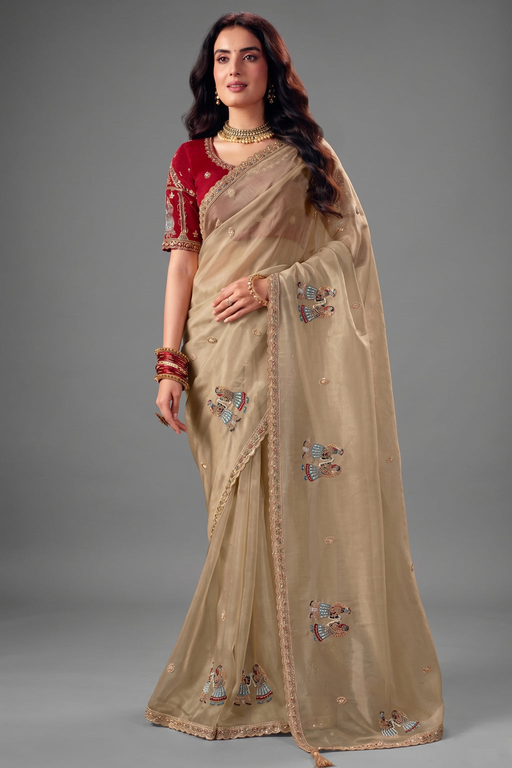 Muted Cream Organza Saree with Subtle Embroidered Buttashork