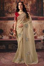 Muted Cream Organza Saree with Subtle Embroidered Buttashork