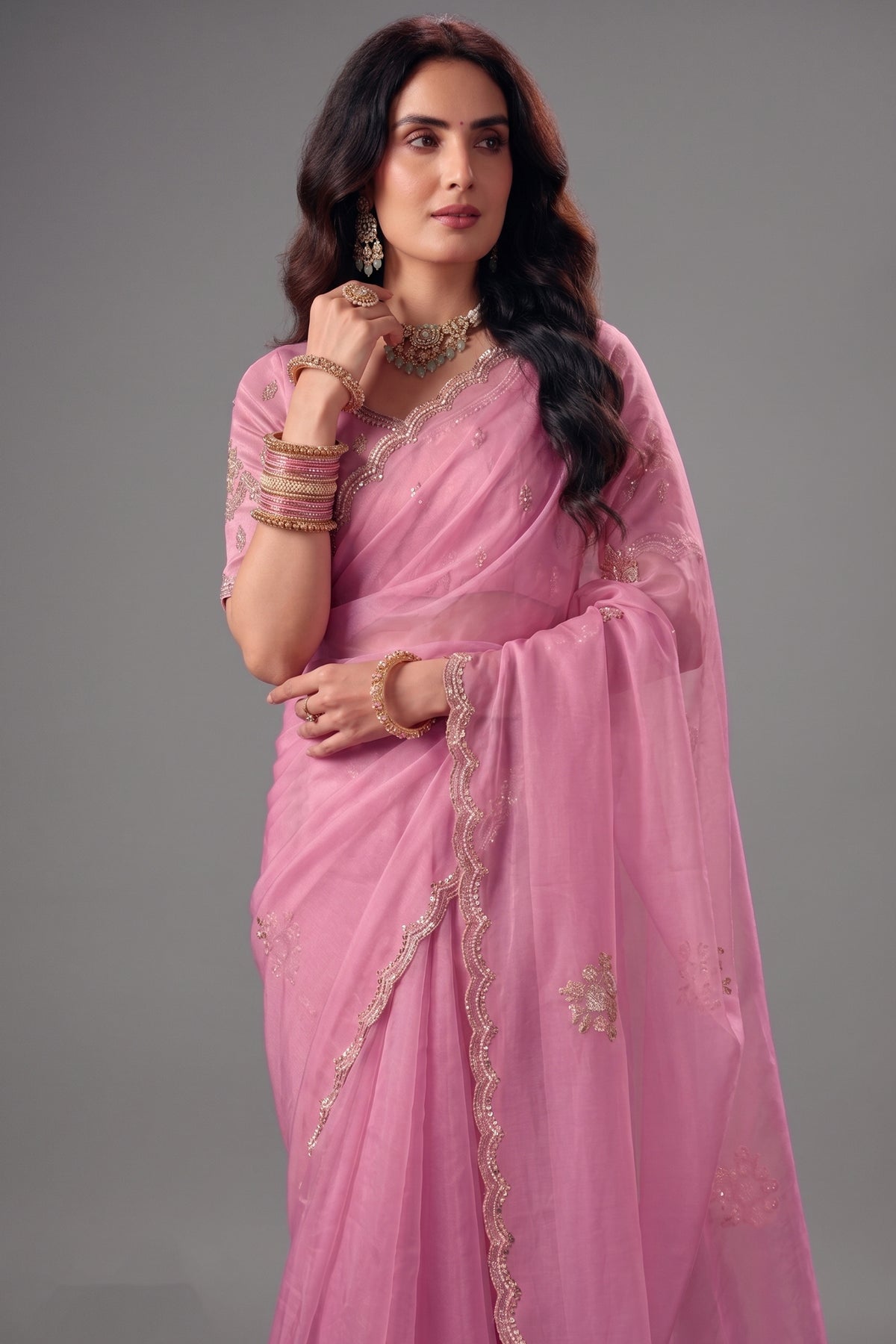 Soft Pastel Pink Organza Saree with Delicate Zari Border
