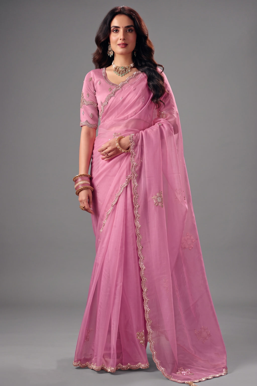 Soft Pastel Pink Organza Saree with Delicate Zari Border