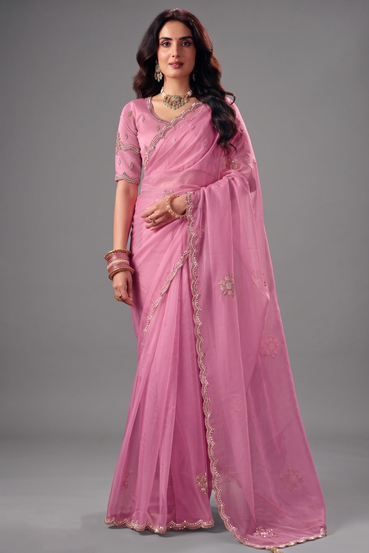 Soft Pastel Pink Organza Saree with Delicate Zari Border