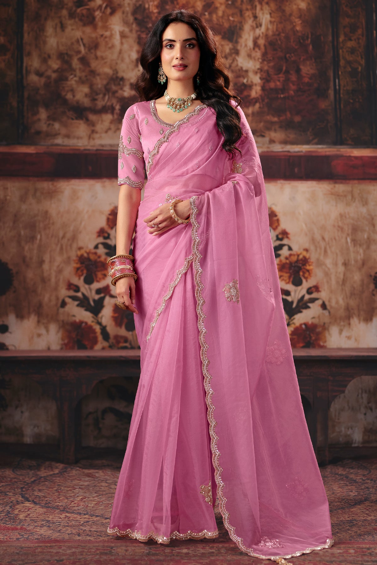 Soft Pastel Pink Organza Saree with Delicate Zari Border