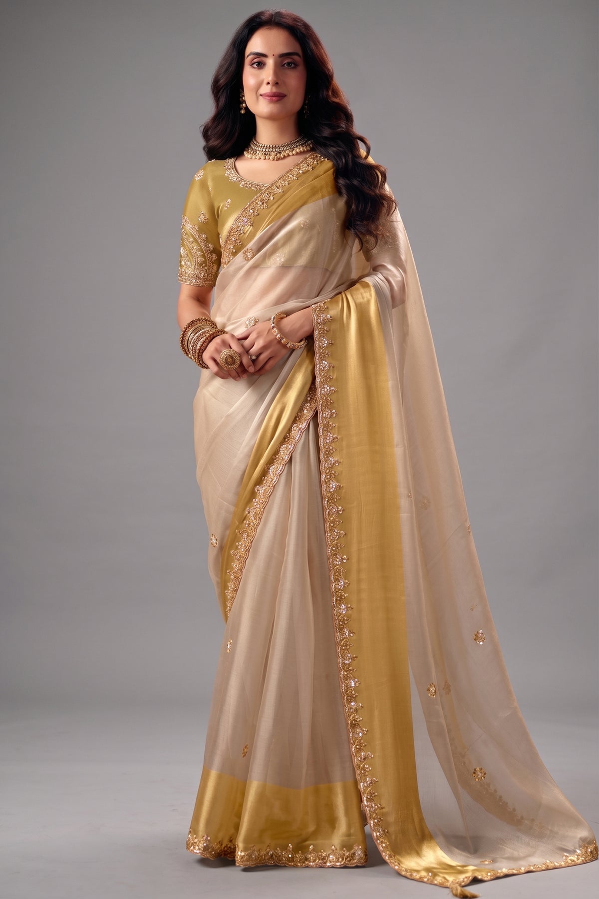 Off White Satin Patta Saree with Woven Striped Border