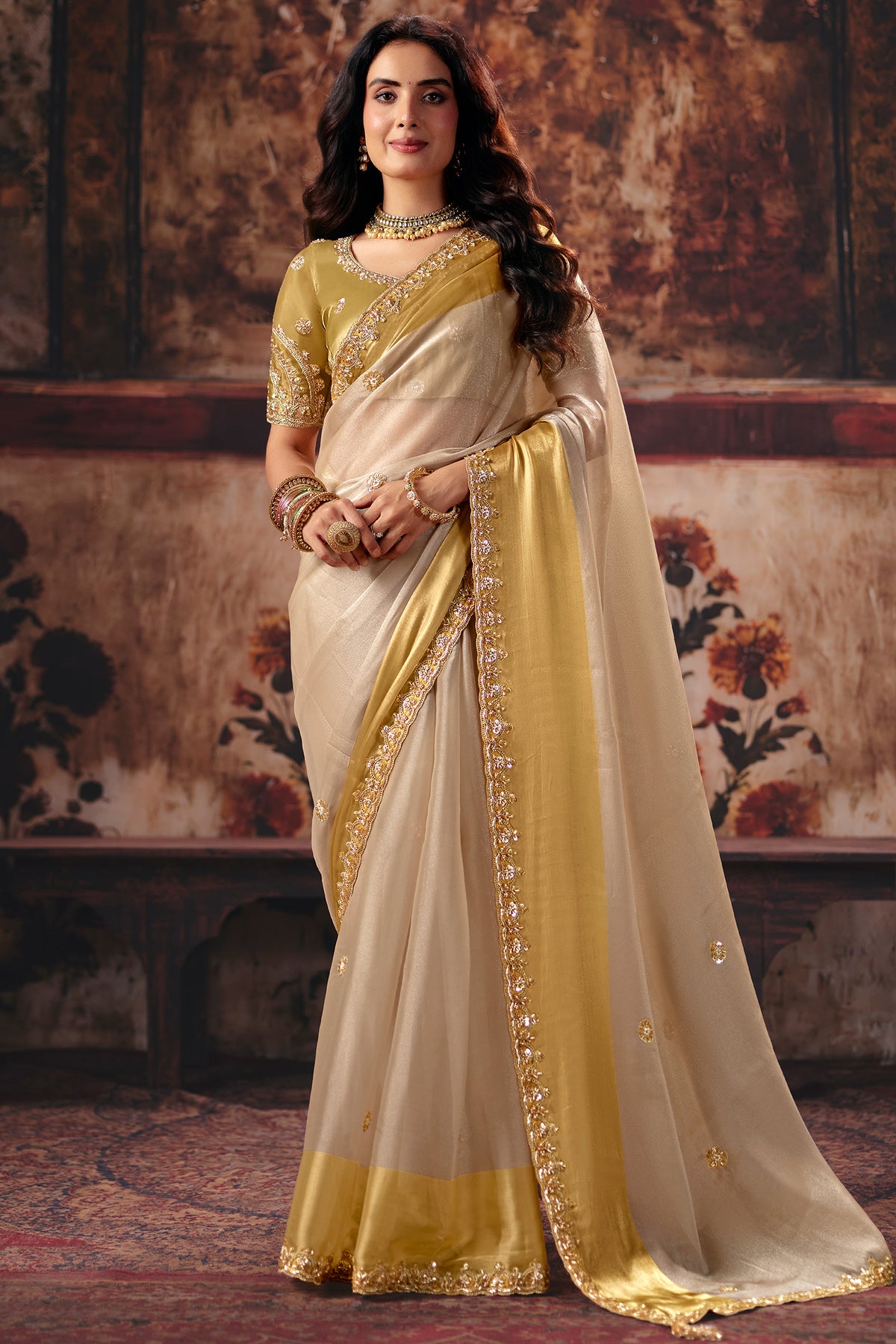 Off White Satin Patta Saree with Woven Striped Border