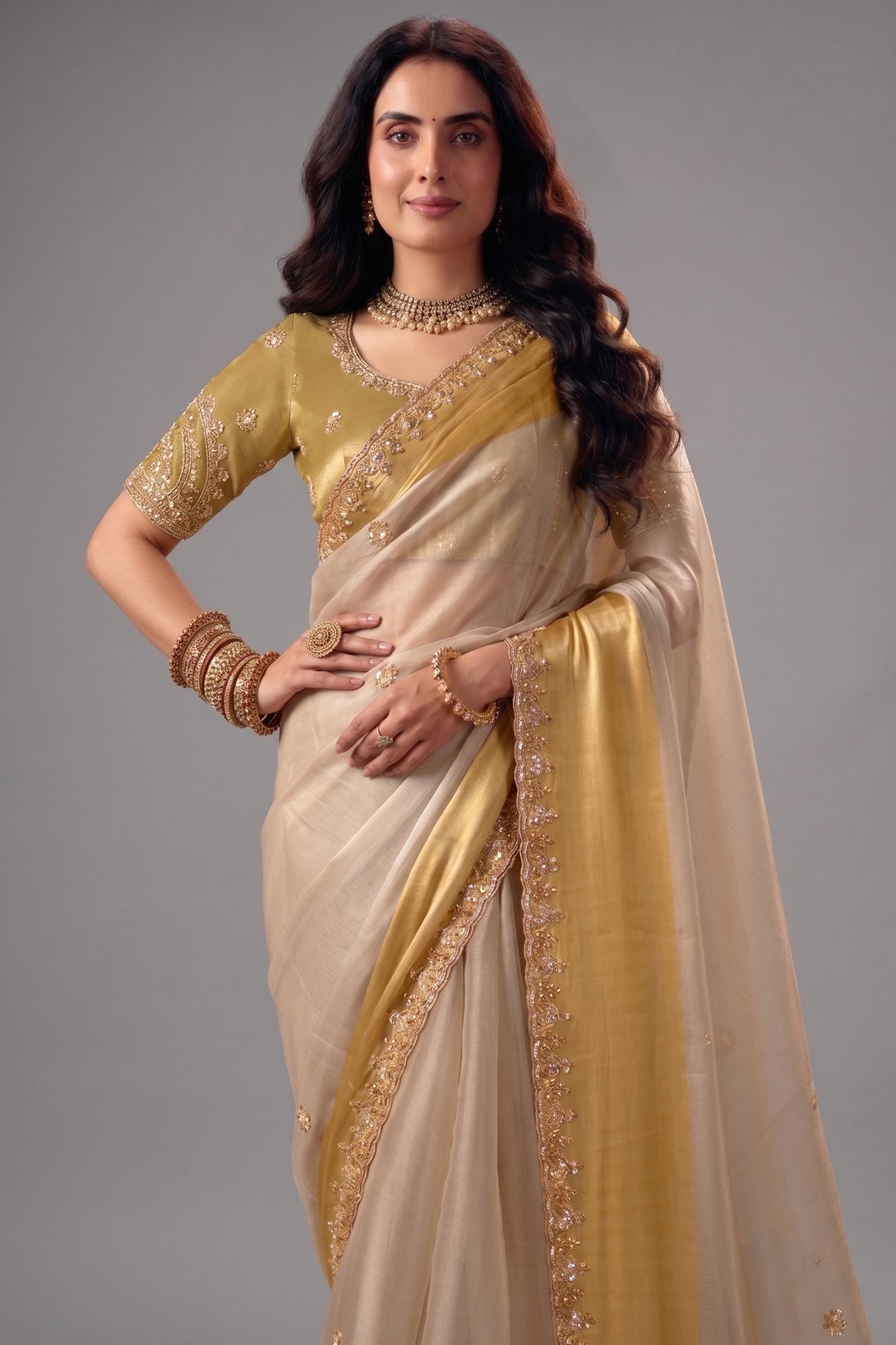 Off White Satin Patta Saree with Woven Striped Border