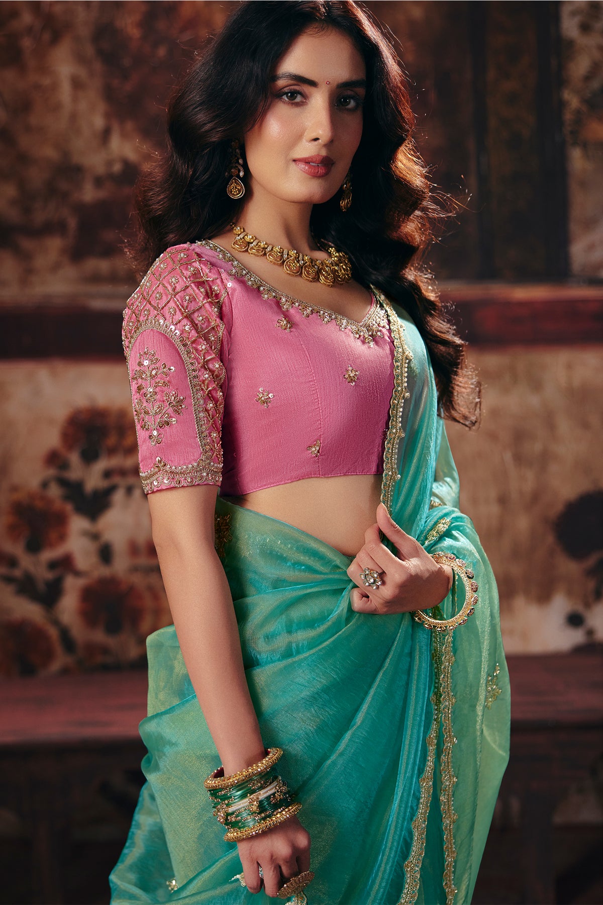 Pastel Mint Green Organza Saree with Delicate Embroidered Border