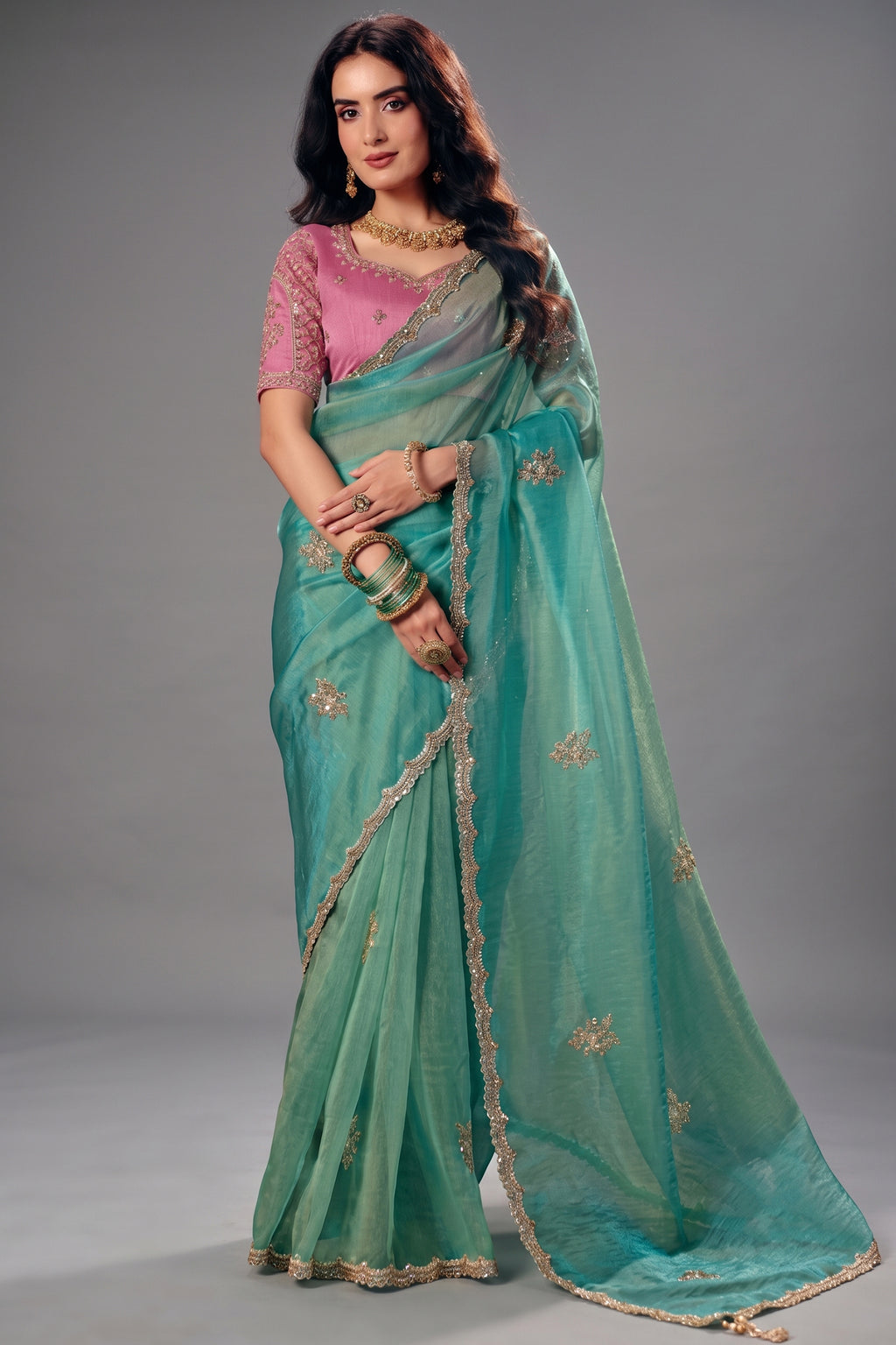 Pastel Mint Green Organza Saree with Delicate Embroidered Border