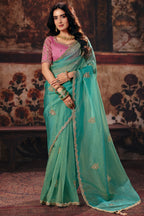 Pastel Mint Green Organza Saree with Delicate Embroidered Border