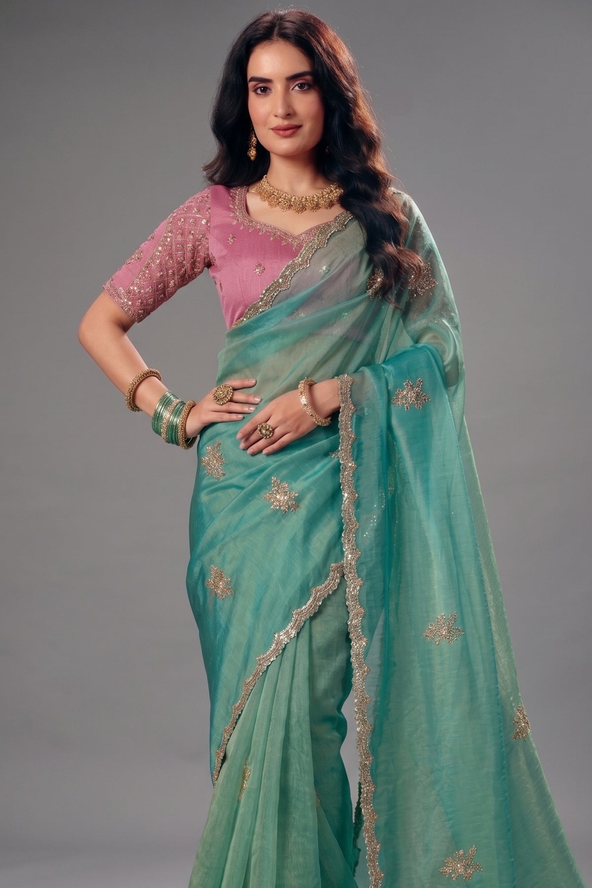 Pastel Mint Green Organza Saree with Delicate Embroidered Border