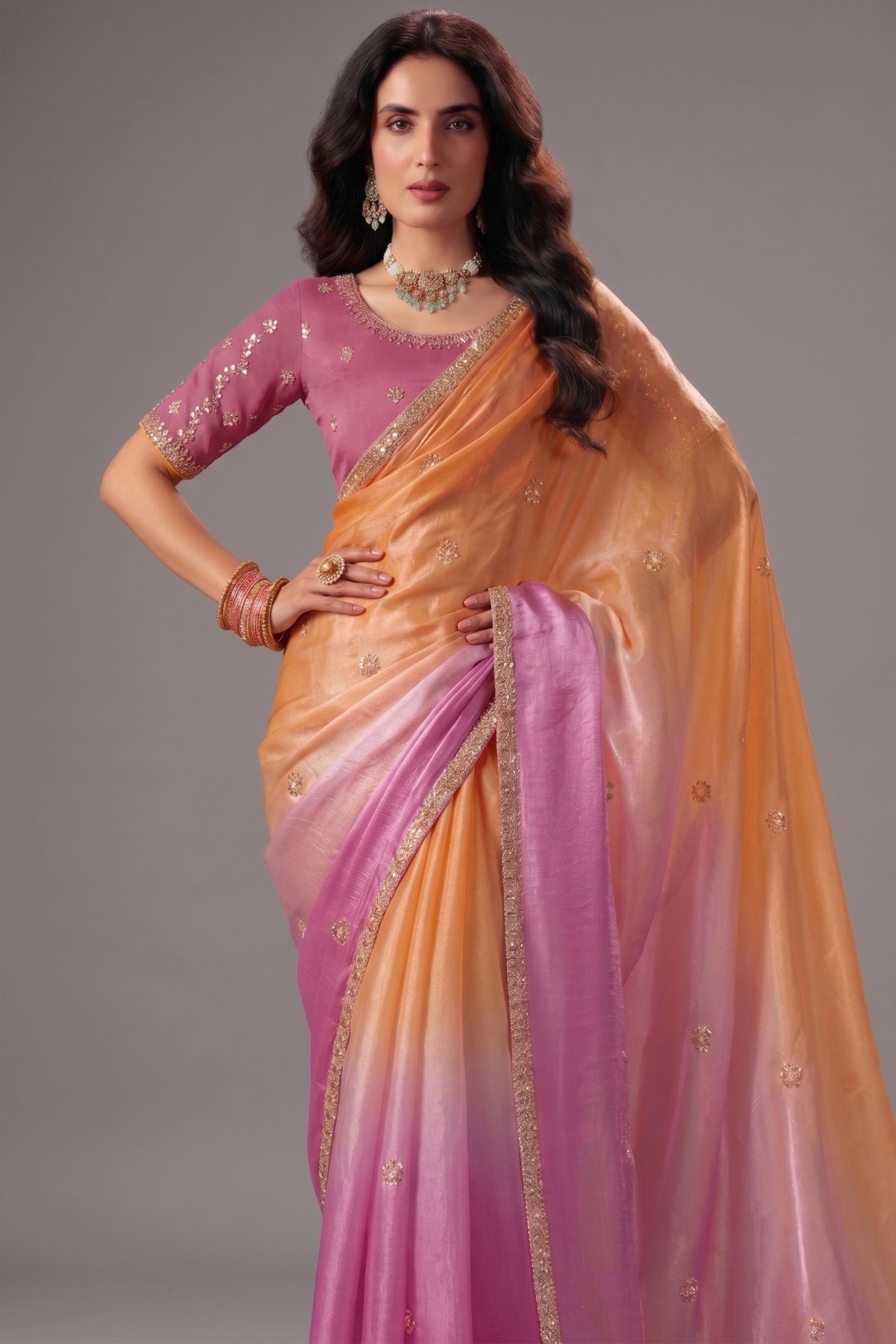 Dual-Tone Orchid Lavender Fendy Satin Saree with Embroidered Border