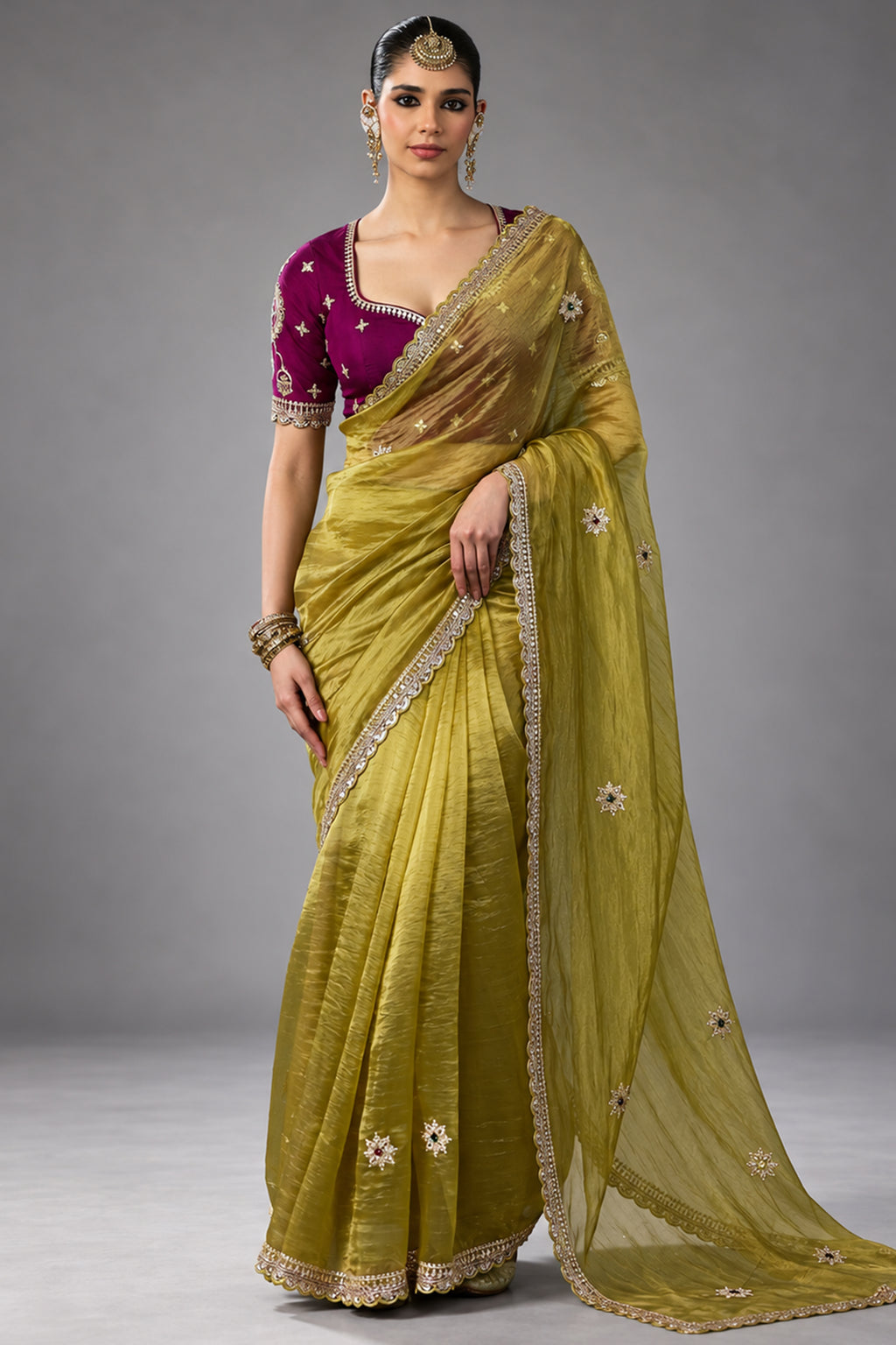Chartreuse Green Soft Tissue Silk Saree with Sequined Border