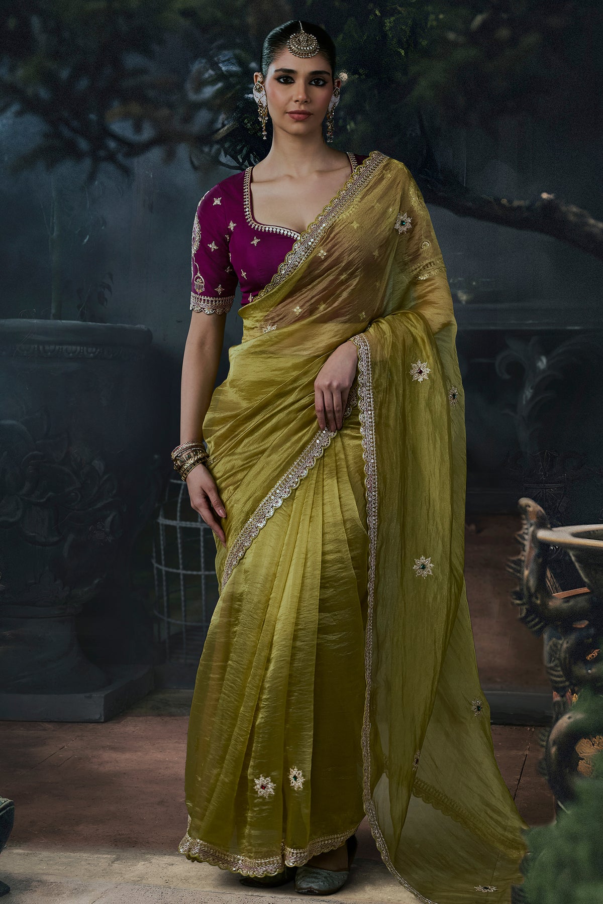 Chartreuse Green Soft Tissue Silk Saree with Sequined Border