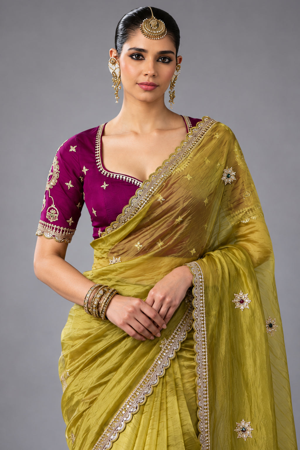 Chartreuse Green Soft Tissue Silk Saree with Sequined Border