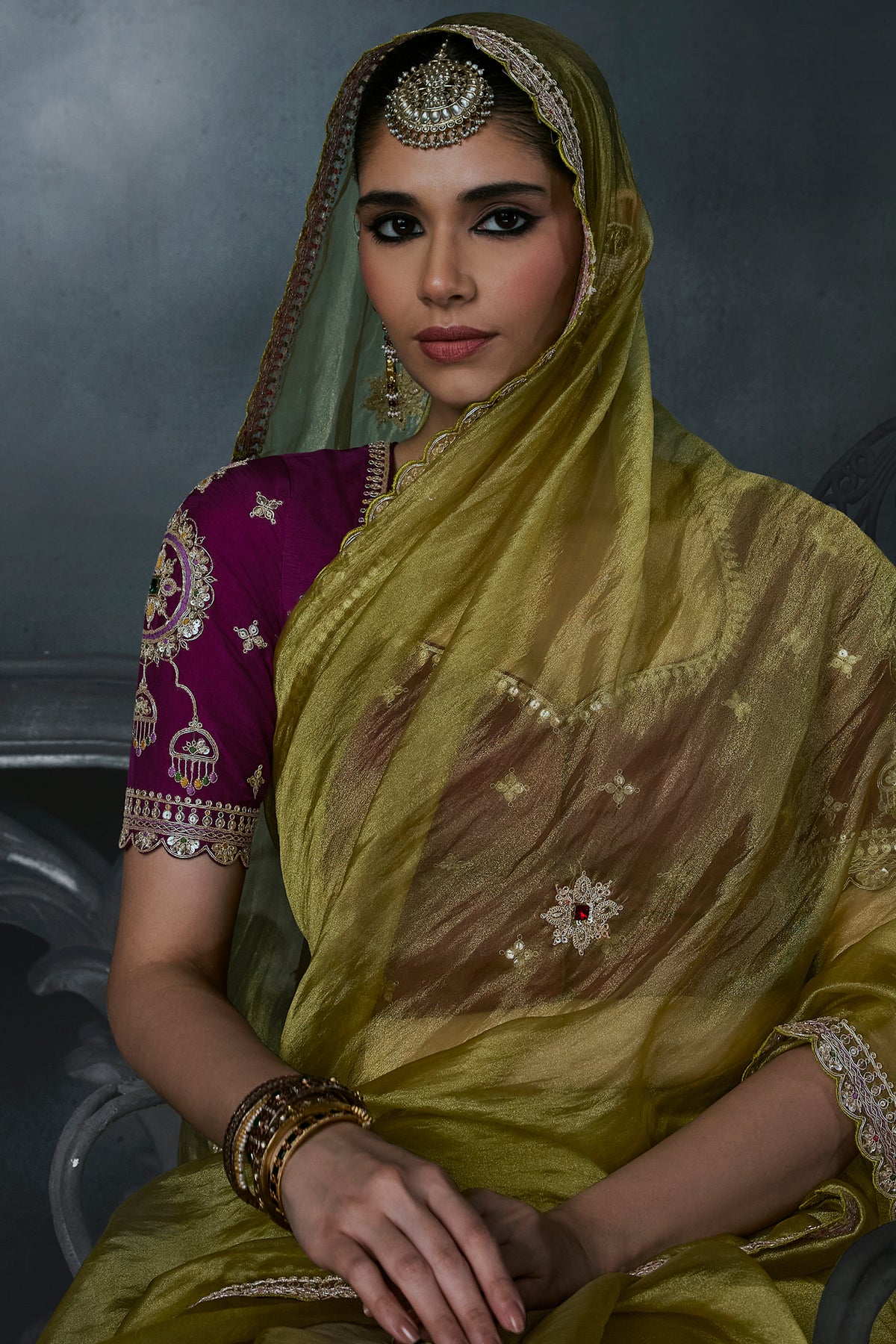 Chartreuse Green Soft Tissue Silk Saree with Sequined Border