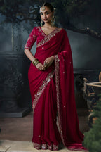 Deep Red Organza Designer Saree Set with Heavy Sequined Work