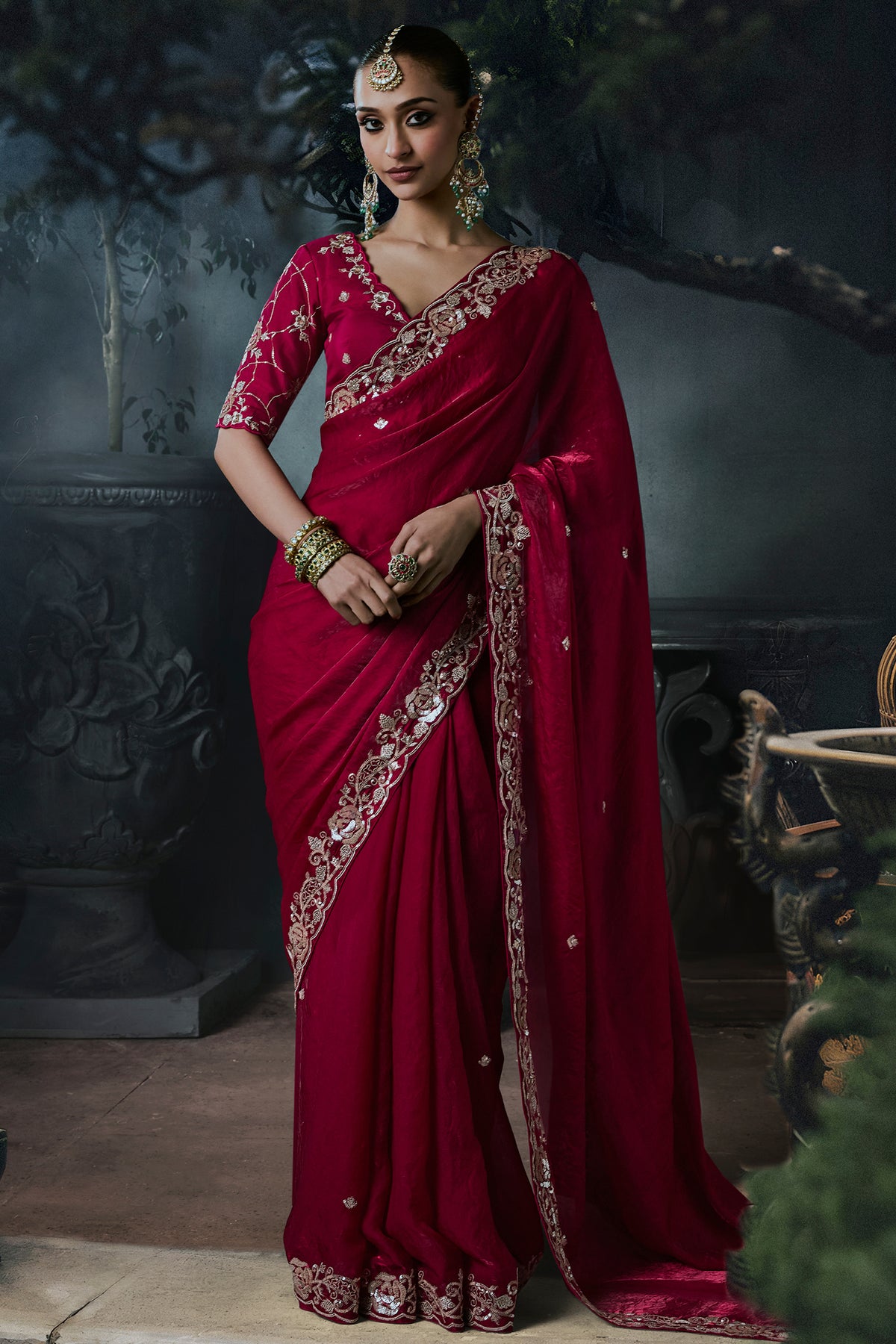 Deep Red Organza Designer Saree Set with Heavy Sequined Work