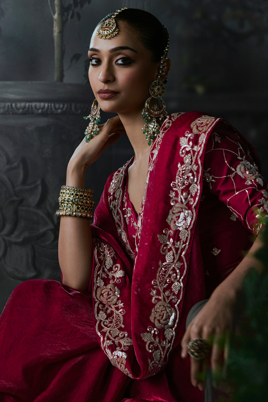 Deep Red Organza Designer Saree Set with Heavy Sequined Work